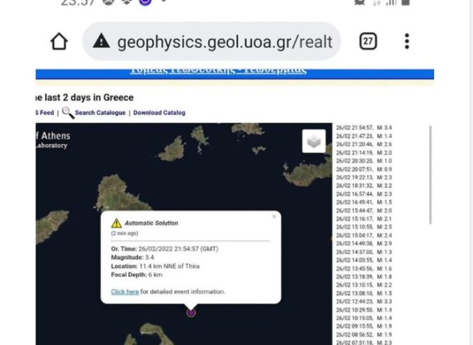 Σεισμός 3,4 βαθμών της κλίμακας Ρίχτερ ανησύχησε χθες βράδυ τους Θηραίους