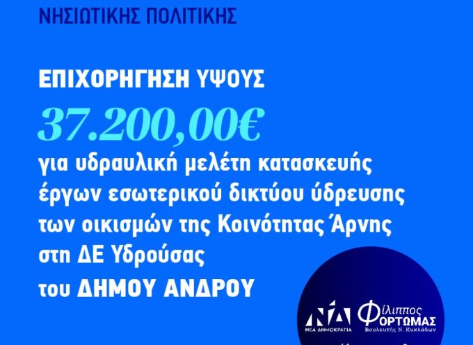 Συγχαρητήρια Φίλιππου Φόρτωμα για την επιχορήγηση Δήμου Άνδρου, ύψους 37.200,00€ από το Υπουργείο Ναυτιλίας και Νησιωτικής Πολιτικής