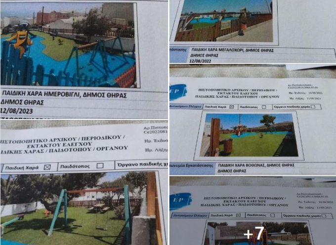 Πιστοποιήθηκαν εκ νέου και οι έντεκα παιδικές χαρές του Δήμου Θήρας.