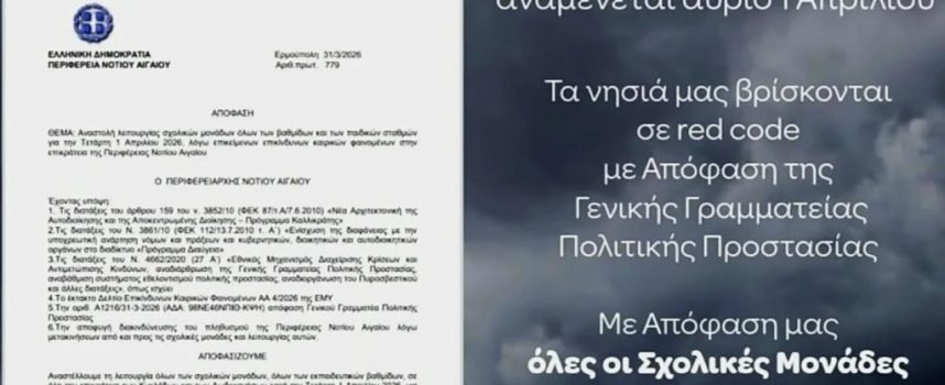 Αναστολή λειτουργίας σχολικών μονάδων σε όλα τα νησιά του Νοτίου Αιγαίου, την Τετάρτη 1 Απριλίου, λόγω επικίνδυνων καιρικών φαινομένων, με απόφαση Περιφερειάρχη